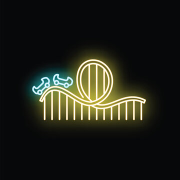 Glowing neon roller coaster track with carts and an inversion loop on a black background