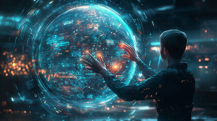 Naklejka premium Interacting with a futuristic holographic globe at a tech hub during night