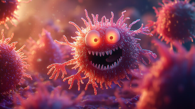 Colorful cartoon virus characters engaging in a lively interaction