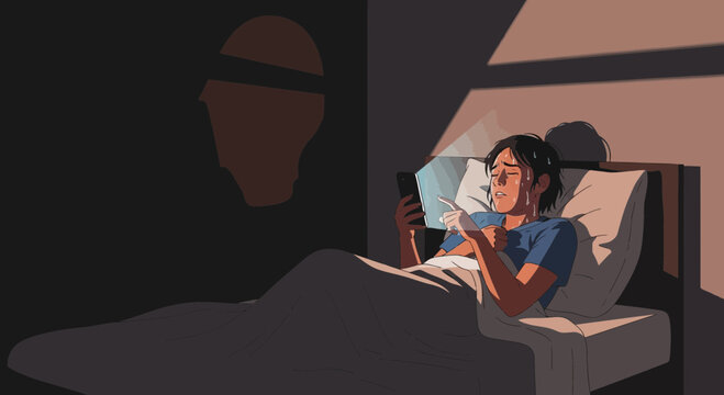 Sad Woman Reading Something in Bed with a Silhouette, Feeling Emotional and Overwhelmed