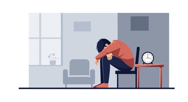 Sad Person In A Room With A Clock And Sitting Alone Deep In Thought