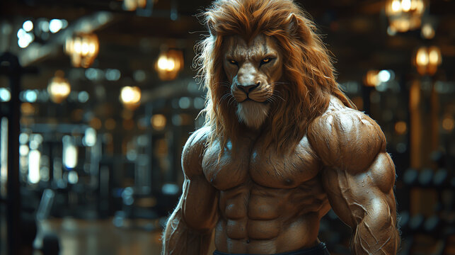 Muscular lion character stands in a fitness center with gym equipment