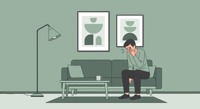 Sad Man Crying Alone In Modern Living Room With Minimalist Decor Visual