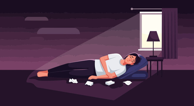 Sad Individual Lying Down with Crumpled Tissues Representing Emotional Distress