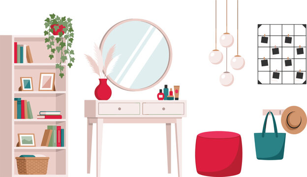 Modern vanity table set featuring round mirror dressing console bookshelf hanging lights crimson ottoman pouf and wall memo board elements