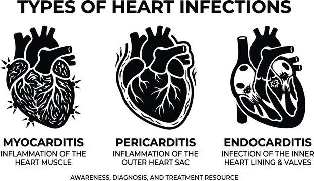  Types of heart infections infographic vector set featuring myocarditis pericarditis and endocarditis anatomical black silhouettes illustration