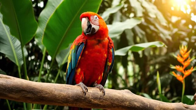 Colorful macaw stands on a branch surrounded by lush greenery and bright sunlight. Tropical environment with vivid leaves and flowers. Concept of wildlife, nature, exotic birds