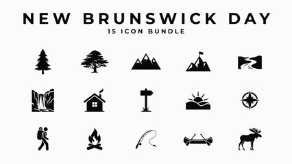 Minimalist black and white icon bundle showcasing outdoor adventure and nature exploration themes for branding © Mausumi