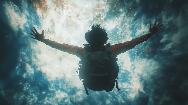 Adventurer diving into clear blue water under a bright sunny sky