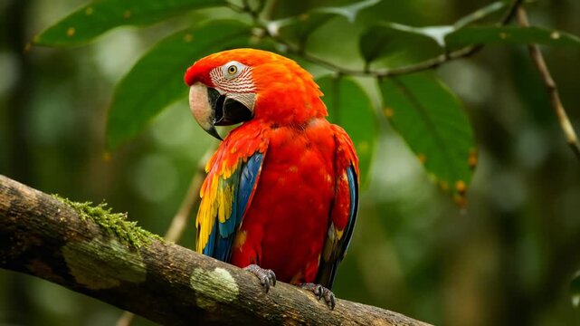 Colorful parrot perches on branch amidst vibrant green foliage. The setting is a dense tropical forest with rich vegetation. Concept of wildlife conservation, nature photography, avian research
