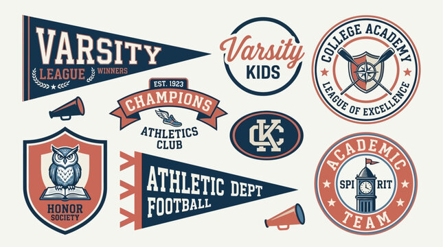 Vector illustration of vintage athletic team and academic school emblems