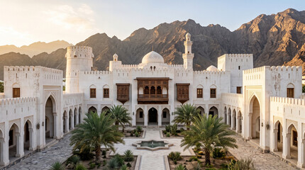 Fototapeta premium Traditional Arabic architecture of a white stone palace, majestic desert fortress with mountain backdrop, middle eastern heritage building with courtyard