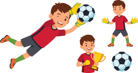 Obraz premium Young soccer goalkeeper boy character vector set featuring diving catch pose standing defense position holding golden champion trophy and isolated football