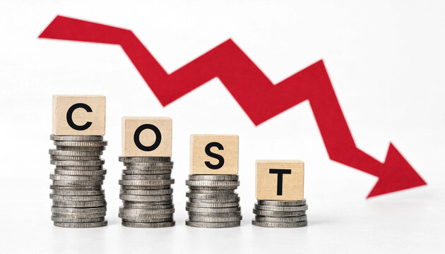 Stacks of coins with wooden blocks spelling cost  decreasing graph transparent background