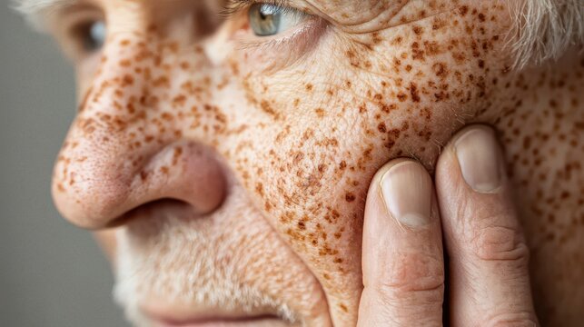 Close up portrait of an elderly person showing skin texture with freckles and age spots in soft light