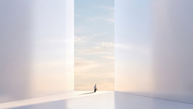 Businesswoman walking through tall white doorway in minimal bright space. Concept of business transformation, career transition, future work opportunity and strategic progress.
