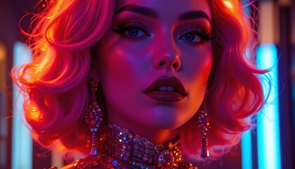 Fototapeta premium Neon Lit Glamorous Woman Portrait with Bold Mood