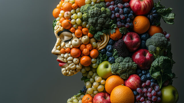 Fruit and veggie art displays a human-like face with nature