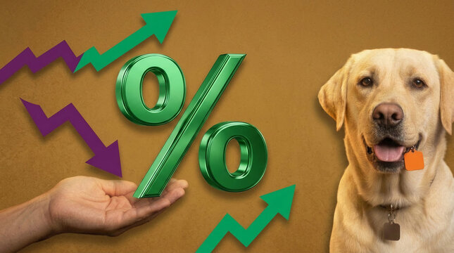 A yellow lab with a tag and a hand holding a large percentage symbol surrounded by upward and downward trend arrows, symbolizing financial growth and opportunity