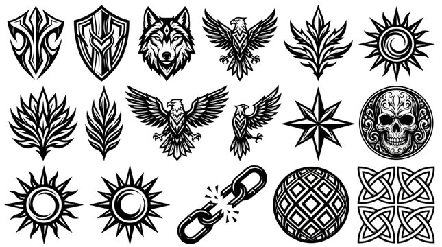 Assortment of powerful black and white vector design elements eagles, wolf, tribal patterns, sun, star, skull, and intricate abstract symbols for various graphic applications