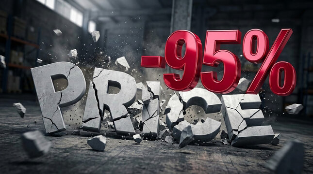 Large, cracked concrete letters spell "PRICE" with a bold red "-95%" discount exploding from behind. Symbolizes extreme price reduction and sale event.