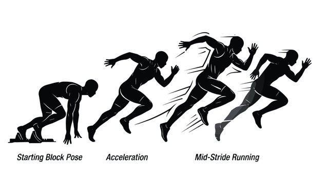 Sprinter running motion sequence timeline from starting block pose to acceleration and mid stride running vector illustration