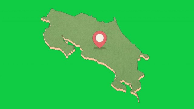 Animated Costa Rica Map with Bouncing Location Marker on San Jose City, Transparent Background, Alpha Channel, 4K resolution