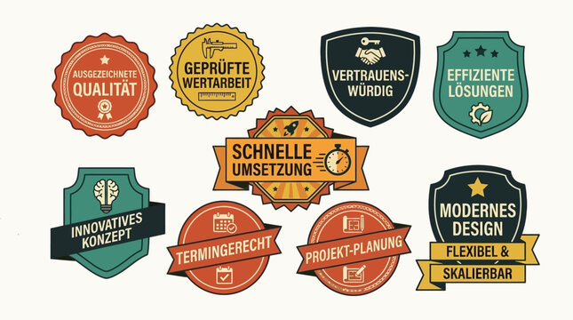 Dynamic vector badges illustrating key business values quality, efficiency, innovation, and trust for modern corporate branding and project management concepts