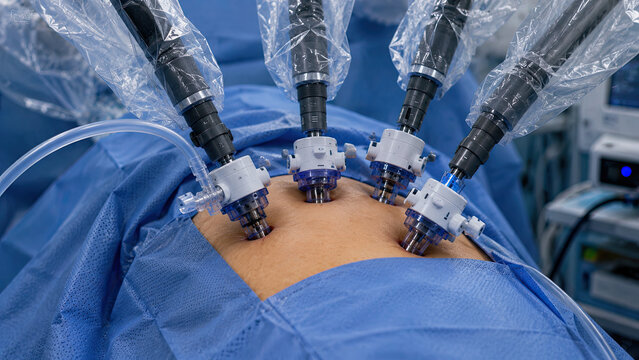 Close-up of four small trocar port cannulas inserted in a blue-draped surgical abdomen. Robotic laparoscopic surgery setup concept.