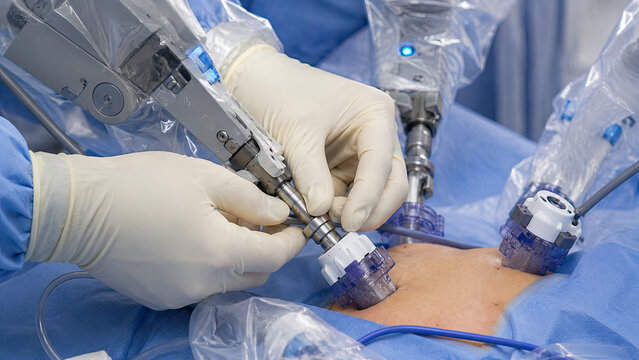 Close-up of a gloved bedside assistant hands adjusting a robotic arm connection at a trocar port site during surgery.