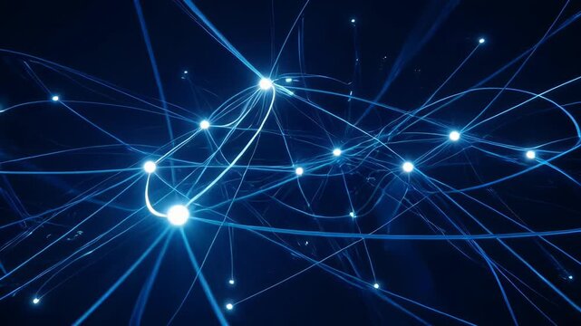 ?Dynamic network visualization with glowing nodes and interconnected lines in motion