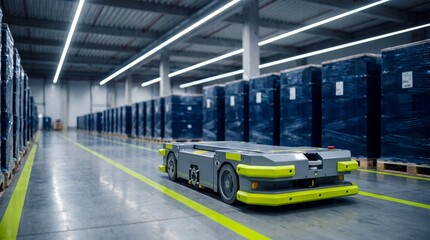 Obraz premium Automated guided vehicle moving through a massive, efficient industrial warehouse