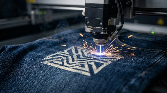 Laser engraving machine creating intricate pattern on denim fabric in textile industry