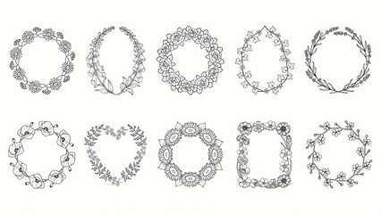 Fototapeta premium Collection of hand drawn floral wreaths for decorative design elements