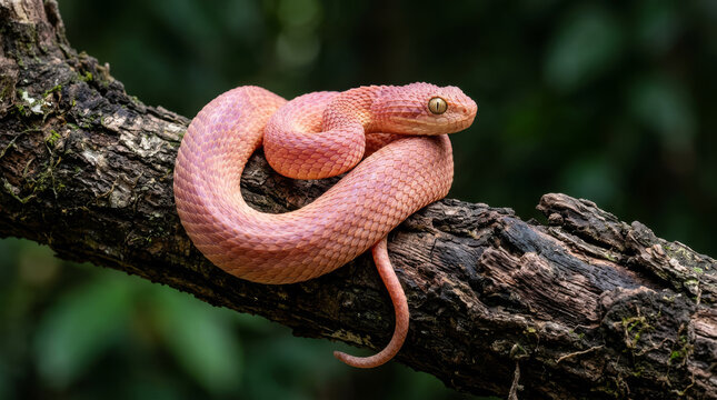 Exotic pink bush viper coiled on a mossy tree branch, venomous Atheris squamigera snake in tropical rainforest, rare reptile wildlife photography