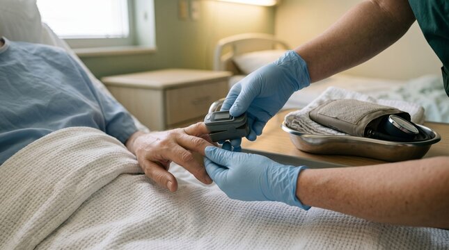 Medical professional using a pulse oximeter on a patient finger inside a bright clinical hospital room