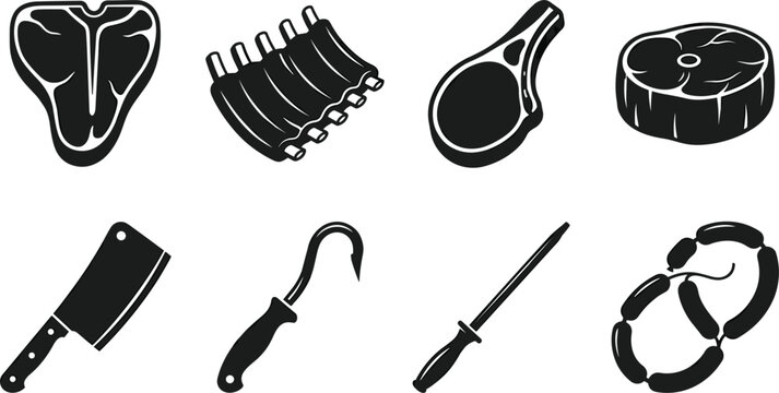 Professional Butcher Shop Meat Cuts and Barbecue Grill Icon Set with T Bone Steak, Ribs, Tomahawk, Cleaver, Meat Hook, and Sausage,