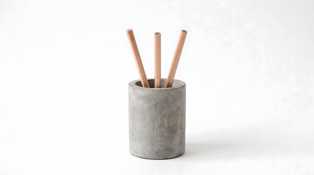 Modern concrete desk organizer cup holding three unsharpened graphite pencils, isolated on a solid white background