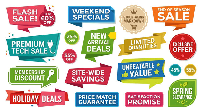 Vector set of sale and discount tags for promotions and marketing