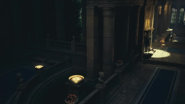 dim procession hall with brazier lights and ornate balustrade, shadowed mosaic path leading toward distant arch and hushed ceremonial atmosphere.