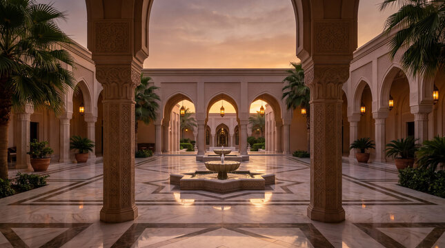 Islamic architecture courtyard at sunset, luxury middle eastern palace with marble fountain, elegant arabic arches and palm trees in garden