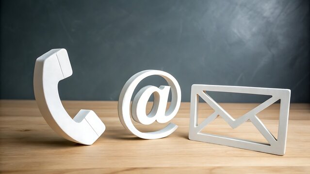 White three dimensional of telephone, at symbol, and envelope representing contact methods on wooden table