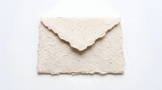 Textured unbleached handmade paper card envelope with deckled torn edges, isolated on a solid white background