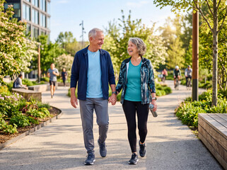 Fototapeta premium Active Senior Couple Using Smart Health Technology Outdoors