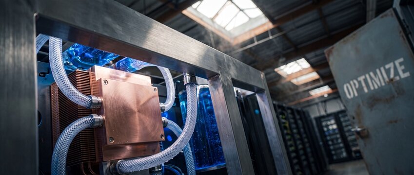 Liquid cooling system computer server installed in industrial datacenter rack cabinet for temperature control concept of high performance technology optimization with modern custom copper waterblocks.