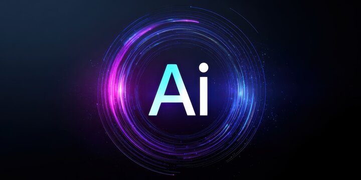Abstract 3D render of a glowing neon AI text inside a futuristic light circle. Blue and purple neon lines with digital sparkles on a dark background. Artificial intelligence tech logotype concept