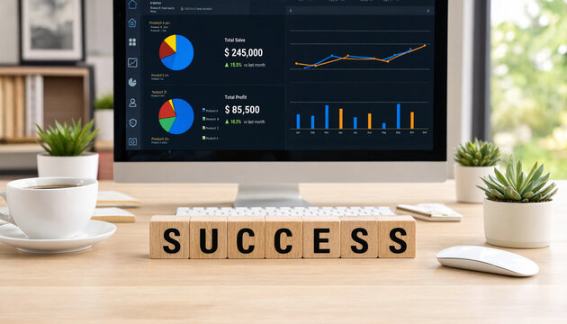Success concept with wooden blocks on office desk with computer and charts transparent background