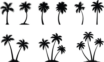 Naklejka premium Palm tree silhouettes depict various tropical tree shapes against a white background offering versatile design elements trees vegetation coconut palmae arecaceae silhouette