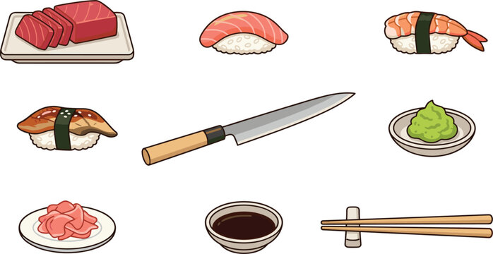 Traditional Japanese Sushi and Sashimi Food Icon Set with Nigiri, Tuna, Shrimp, Eel, Yanagiba Chef Knife, Wasabi, Ginger, Soy Sauce, and Chopsticks,