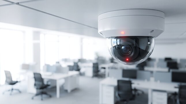 Modern dome security camera mounted on white office ceiling with blurred workstation background for corporate surveillance and safety monitoring system in professional business environment